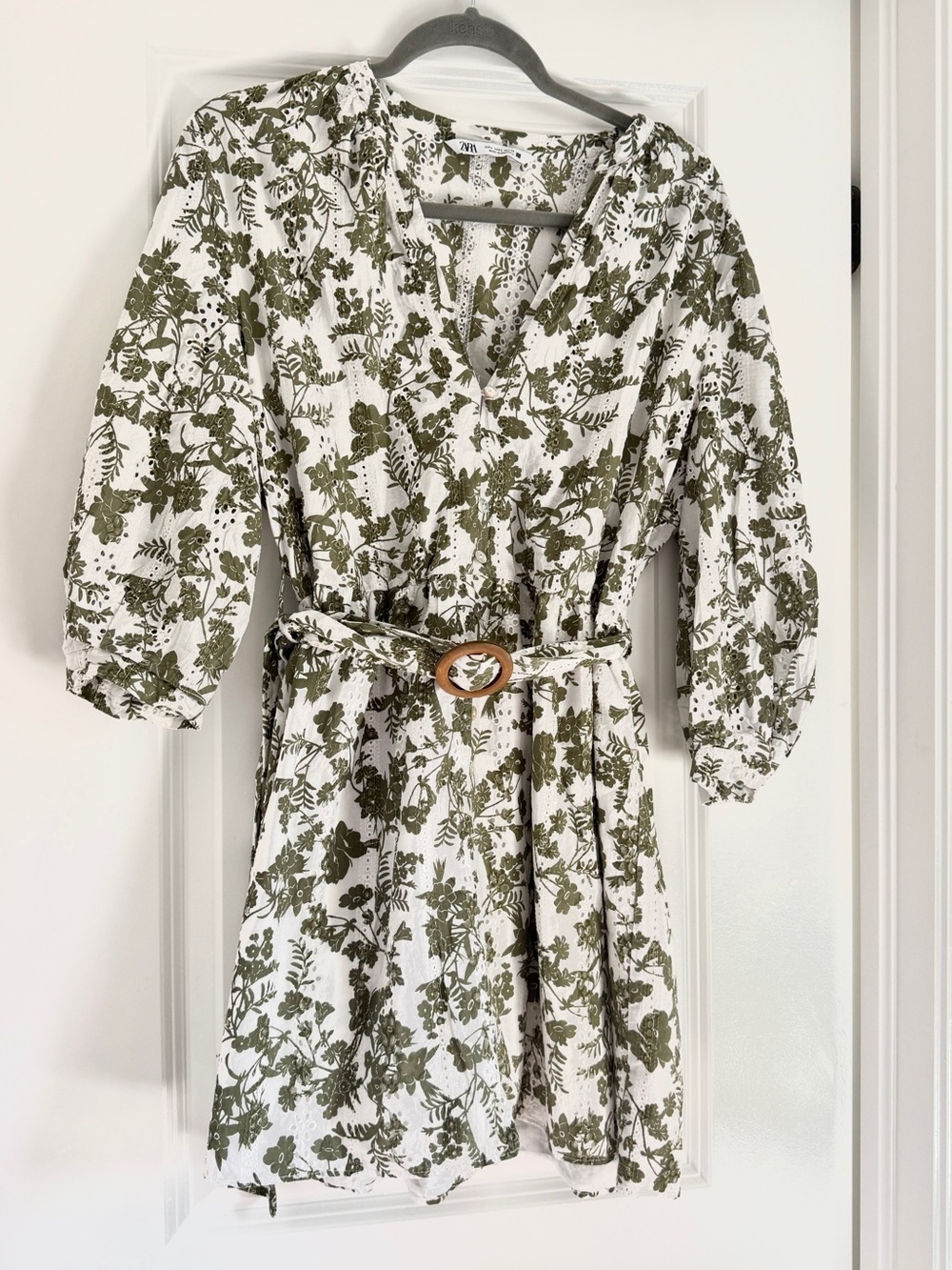 Zara White & Olive Green Floral Wrap Dress with Belt Size L